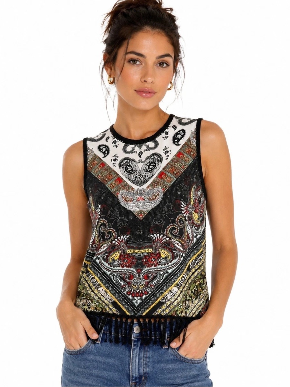Alice + Olivia Black Paisley Bandana Fringe Tank with Red and Gold Accents